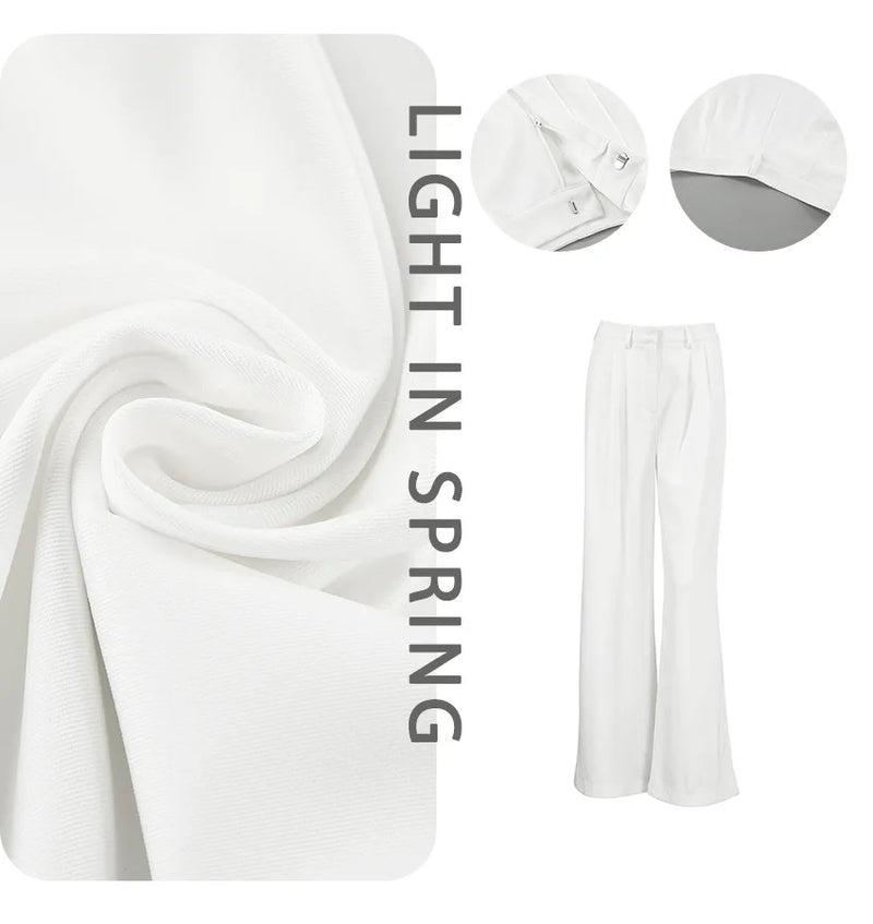 Primavera e Outono 2024 Novas Calças Brancas de Cintura Alta e Pernas Largas Elegantes para Mulheres, Casuais e Versáteis.