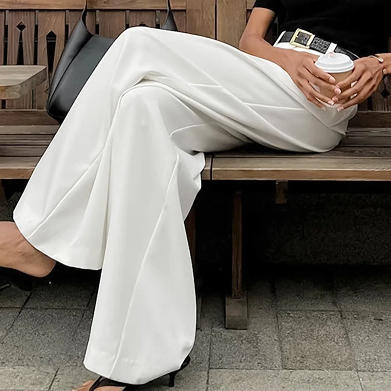 Primavera e Outono 2024 Novas Calças Brancas de Cintura Alta e Pernas Largas Elegantes para Mulheres, Casuais e Versáteis.